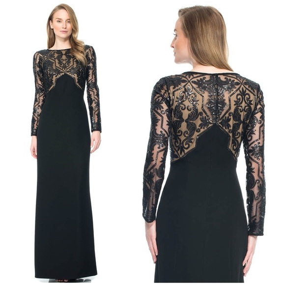 Tadashi Shoji PARULA GOWN Sheer Sequin Maxi Dress APU2132LX-BK/ND 18Q - Picture 1 of 16